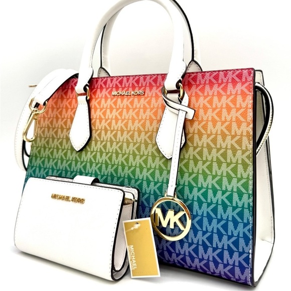 Michael Kors Medium Sheila CZ Satchel Bag & Matching Bifold Wallet Rainbow - Picture 1 of 11